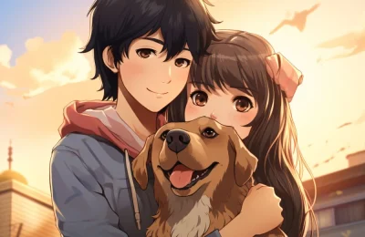 front-view-anime-couple-hugging-dog